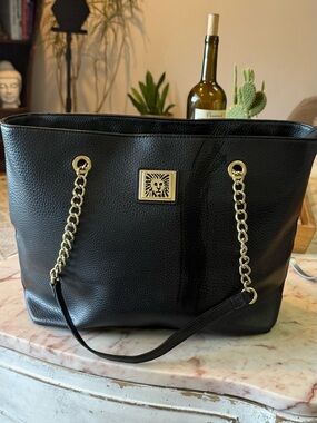 Black Anne Klien Leather Tote Bag with Gold Chain Accents